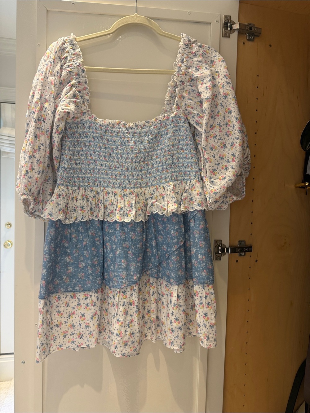 LoveShackFancy Blue & White Floral Smocked Mini Dress
